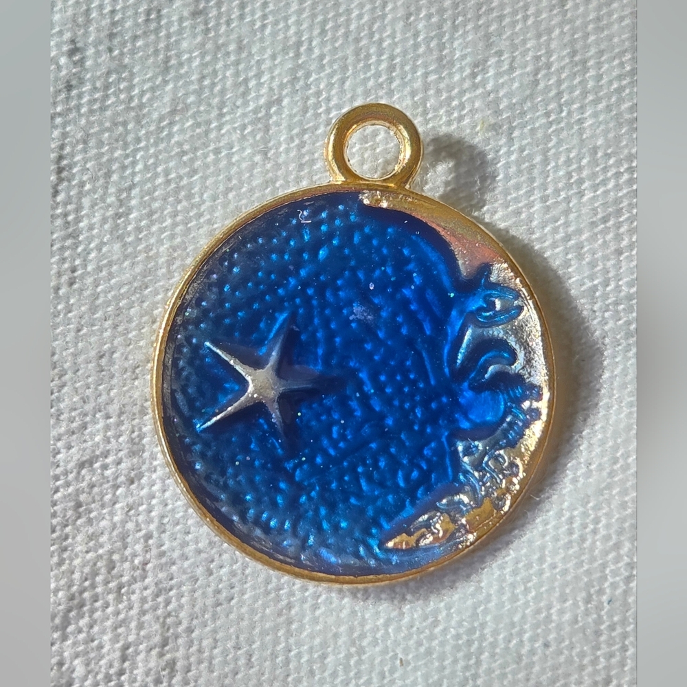 Round Gold-Tone Celestial Moon & Star Pendant w/ Blue Enamel Sky